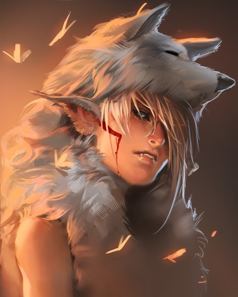 Anime picture 1025x1280 with sakimichan single tall image looking at viewer fringe open mouth blonde hair lips pointy ears realistic grey eyes boy blood
