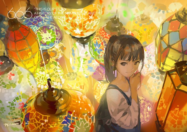 Anime picture 1052x744 with original hjl single fringe brown hair signed looking away upper body ponytail light smile from above dated light hand to mouth girl backpack lamp number (numbers) stained glass