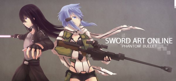 Anime picture 4440x2063 with sword art online a-1 pictures kirigaya kazuto asada shino bushido long hair highres short hair blue eyes black hair wide image blue hair absurdres profile girl boy weapon sword fingerless gloves gun