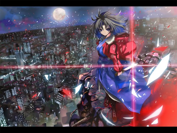 Anime picture 1280x960 with kara no kyoukai type-moon ryougi shiki night city cityscape girl weapon petals knife