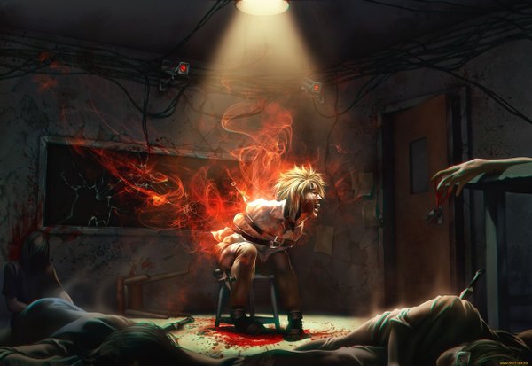 Anime picture 2500x1724 with naruto studio pierrot naruto (series) uzumaki naruto anastasia bulgakova highres short hair open mouth blonde hair tattoo facial mark whisker markings jinchuriki death boy blood room kunai prison cell