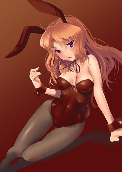 Anime picture 637x900 with original katahira masashi single long hair tall image looking at viewer blush breasts light erotic simple background brown hair sitting bare shoulders animal ears pink eyes bunny ears no shoes girl pantyhose wrist cuffs