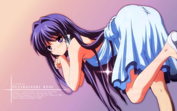 Anime picture 1920x1200 with clannad key (studio) fujibayashi kyou long hair highres wide image purple eyes purple hair dress ribbon (ribbons) hair ribbon