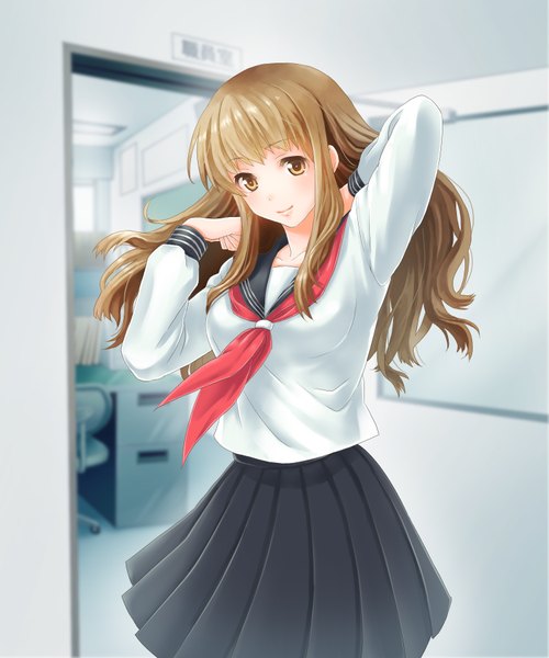 Anime picture 1500x1800 with original hoshi-inu single long hair tall image blush smile brown hair brown eyes girl skirt serafuku