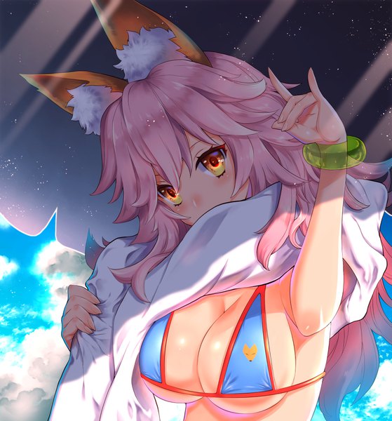 Anime picture 992x1064 with fate (series) fate/grand order fate/extra tamamo (fate) (all) tamamo no mae (fate) tamamo no mae (swimsuit lancer) (fate) p-kana single long hair tall image looking at viewer blush fringe breasts light erotic hair between eyes large breasts animal ears yellow eyes pink hair