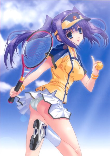 Anime picture 2109x2982 with tall image highres blue eyes light erotic twintails purple hair ass pantyshot girl uniform miniskirt bracelet gym uniform tennis uniform tennis racket