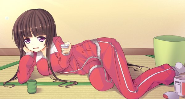 Anime picture 1755x947 with touhou houraisan kaguya shefu single long hair looking at viewer highres black hair wide image purple eyes reclining girl uniform gym uniform mug tatami remote control