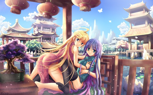 Anime picture 1600x1000 with panty & stocking with garterbelt anarchy stocking anarchy panty langjiao long hair blue eyes light erotic blonde hair wide image multiple girls green eyes purple hair ahoge chinese clothes girl thighhighs black thighhighs 2 girls plant (plants) tree (trees)