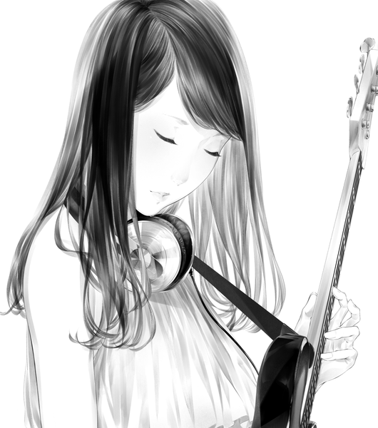 Anime picture 1200x1358 with original sousou (sousouworks) single long hair tall image black hair simple background white background eyes closed monochrome headphones around neck playing instrument girl headphones guitar