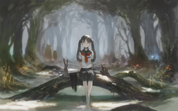 Anime picture 1267x792 with original tko (kkk66) long hair black hair wide image sitting twintails river nature girl plant (plants) animal tree (trees) water serafuku forest bunny mushroom (mushrooms)