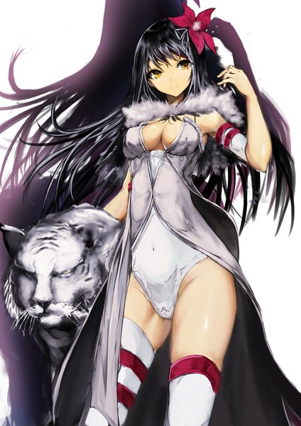 Anime picture 707x1000 with original iori (cpeilad) single long hair tall image looking at viewer fringe breasts light erotic black hair standing white background brown eyes shadow girl thighhighs animal white thighhighs tiger