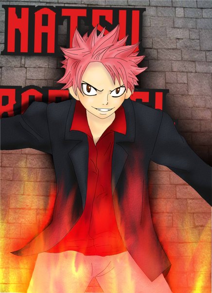 Anime picture 1696x2333 with fairy tail natsu dragneel shierass single tall image short hair smile brown eyes pink hair inscription boy suit fire wall