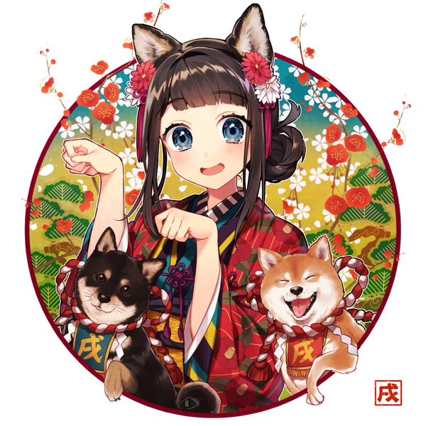 Anime picture 900x900 with original sakura yuki (clochette) single long hair looking at viewer fringe open mouth blue eyes black hair animal ears payot blunt bangs traditional clothes japanese clothes hair bun (hair buns) new year paw pose dog ears dog girl plum blossoms