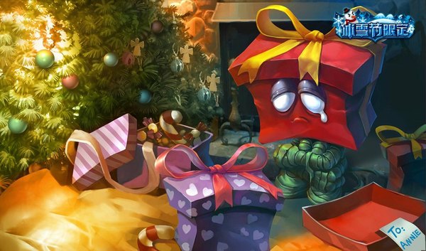Anime picture 1024x604 with league of legends amumu (league of legends) wide image tears christmas sad blank eyes boy bow bandage (bandages) gift box christmas tree bauble