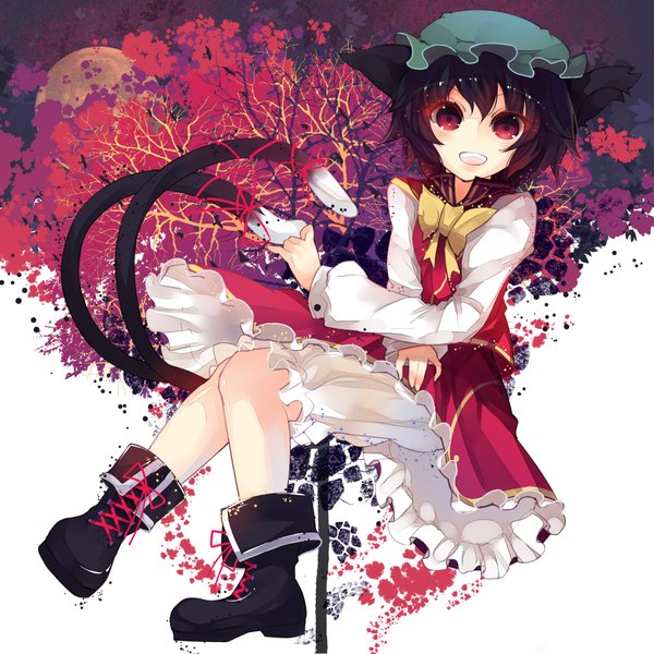 Anime picture 2000x2000 with touhou chen rain lan single looking at viewer highres short hair open mouth black hair red eyes animal ears tail animal tail cat ears cat girl cat tail multiple tails girl boots bonnet