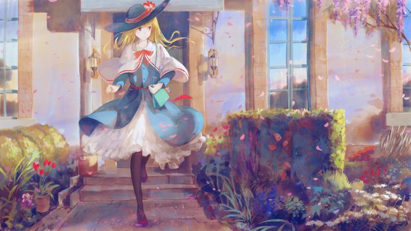 Anime picture 1920x1080 with touhou alice margatroid shanghai hourai jq single long hair blush fringe highres blue eyes smile wide image standing looking away full body outdoors blunt bangs long sleeves wind