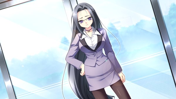 Anime picture 1280x720 with root double fsubakiyama ena black hair wide image purple eyes game cg very long hair girl glasses suit