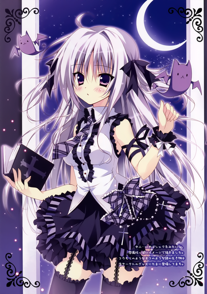 Anime picture 2091x2967 with original herurun single long hair tall image looking at viewer blush highres purple eyes white hair scan girl thighhighs dress bow black thighhighs hair bow necktie book (books)