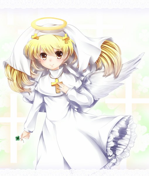 Anime picture 1000x1179 with original nakayama shumo single long hair tall image looking at viewer blush blonde hair smile yellow eyes hand on chest angel wings angel girl dress hair ornament white dress cross