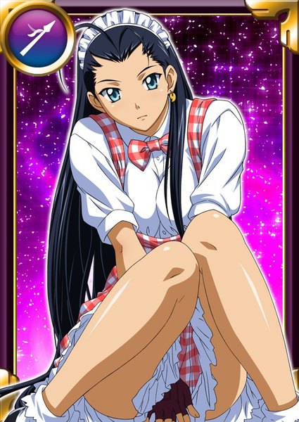 Anime picture 567x800 with ikkitousen kakouen myousai single long hair tall image looking at viewer breasts blue eyes light erotic black hair large breasts sitting ahoge sparkle short sleeves card (medium) knees touching girl gloves earrings
