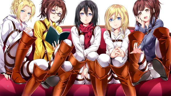 Anime picture 1800x1021 with shingeki no kyojin production i.g mikasa ackerman annie leonhart krista lenz sasha blouse hange zoe highres open mouth blue eyes black hair blonde hair smile brown hair wide image sitting multiple girls brown eyes ponytail girl