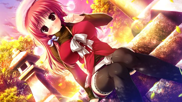 Anime picture 1280x720 with prism recollection renjou sayaka shintarou single long hair looking at viewer blush light erotic red eyes wide image sitting game cg red hair embarrassed knees touching girl thighhighs hair ornament bow ribbon (ribbons)