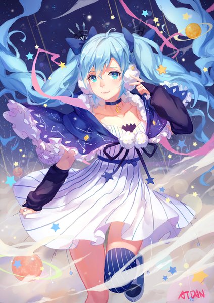 Anime picture 1000x1414 with vocaloid hatsune miku fuyu no yoru miku atdan single tall image looking at viewer blush blue eyes twintails blue hair very long hair girl thighhighs dress bow hair bow striped thighhighs