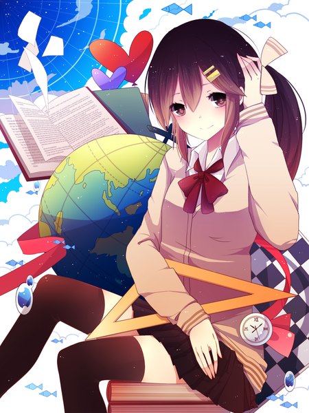 Anime picture 1700x2266 with original prophet chu single long hair tall image looking at viewer blush brown hair sitting brown eyes cloud (clouds) ponytail pleated skirt girl thighhighs skirt hair ornament black thighhighs miniskirt book (books)
