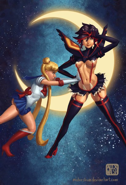 Anime picture 1024x1496 with bishoujo senshi sailor moon kill la kill toei animation studio trigger tsukino usagi sailor moon matoi ryuuko misterstrum (alex walsh) tall image short hair blue eyes light erotic black hair blonde hair standing twintails multiple girls bent knee (knees) red hair very long hair