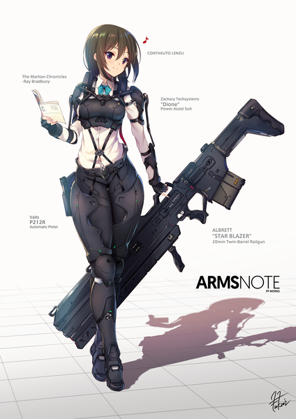 Anime picture 820x1160 with arms note fukai ryosuke single tall image short hair black hair brown eyes looking away shadow girl gloves weapon fingerless gloves gun suit