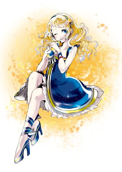 Anime picture 1000x1411 with original orangina koto2 single long hair tall image blush fringe open mouth blue eyes blonde hair bare shoulders looking away one eye closed wink high heels girl dress hairband bottle