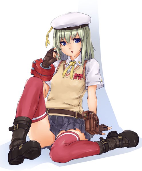 Anime picture 1200x1450 with god eater 2 god eater 2: rage burst erina der vogelweid afurichin single tall image fringe open mouth blue eyes light erotic simple background white background sitting holding looking away bent knee (knees) pleated skirt grey hair arm support short sleeves