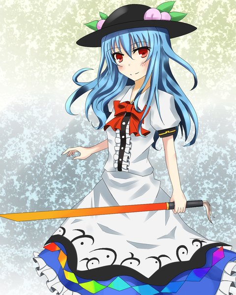 Anime picture 1102x1376 with touhou hinanawi tenshi tall image red eyes blue hair girl hat sword