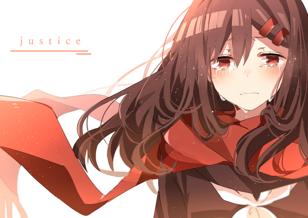 Anime picture 1200x850 with kagerou project shaft (studio) tateyama ayano heremia single long hair looking at viewer blush simple background brown hair white background wind inscription tears girl uniform hair ornament serafuku hairclip scarf