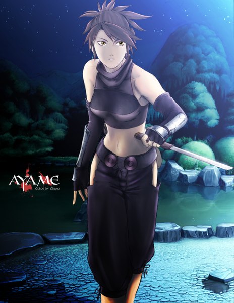 Anime picture 1200x1551 with tenchu ayame lchrno single tall image short hair black hair yellow eyes looking away night bare belly girl gloves weapon earrings elbow gloves ninja