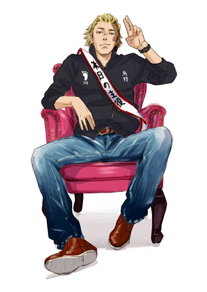 Anime picture 723x1023 with haikyuu!! production i.g ukai keishin single tall image looking at viewer short hair simple background blonde hair white background sitting bent knee (knees) arm up boy ribbon (ribbons) jacket boots clock armchair jeans