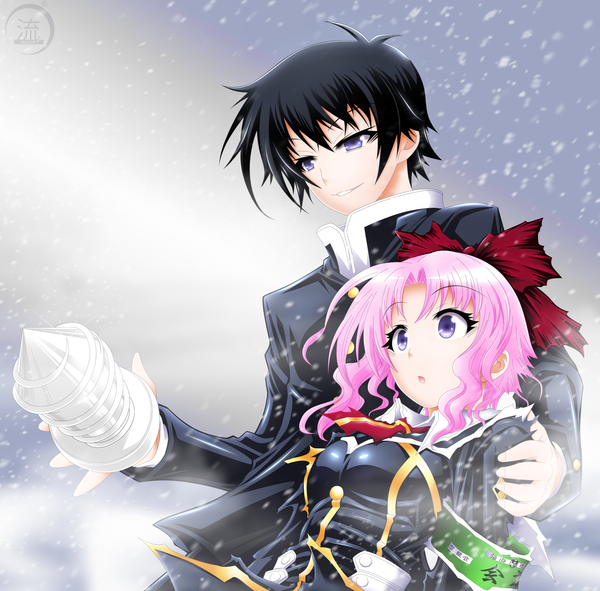 Anime picture 2220x2190 with medaka box gainax kumagawa misogi emukae mukae allalon2 highres short hair black hair smile purple eyes pink hair wind coloring snowing winter snow girl boy bow hair bow