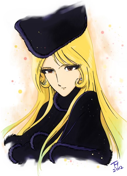 Anime picture 870x1200 with galaxy express 999 toei animation maetel kujira gunsou single long hair tall image blonde hair brown eyes signed portrait oldschool 70s girl hat earrings fur