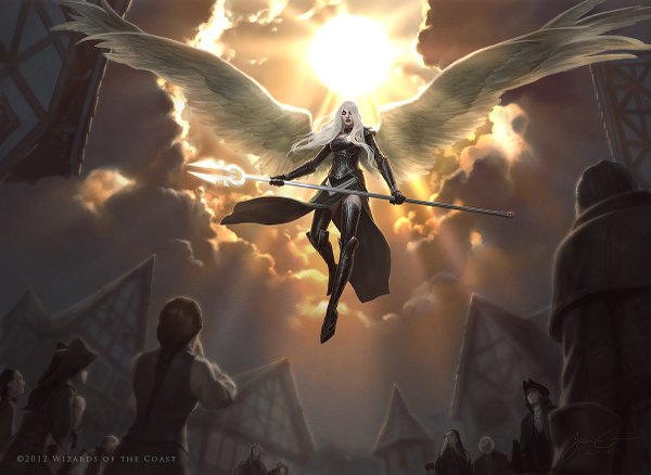 Anime picture 1200x877 with original jason chan long hair cloud (clouds) white hair flying angel wings angel blank eyes girl dress gloves weapon wings elbow gloves thigh boots staff sun people