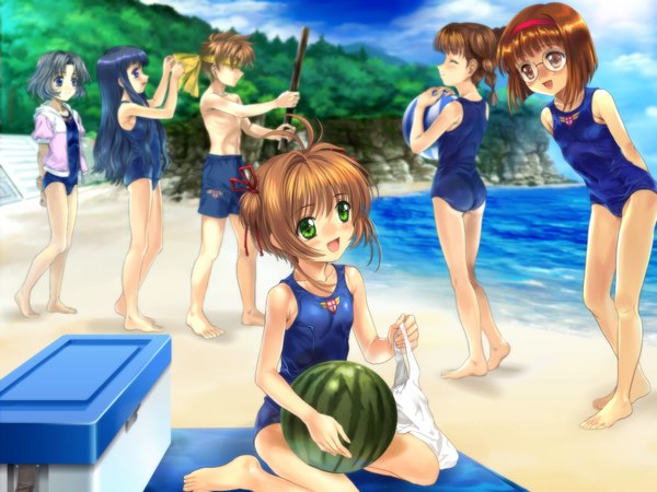 Anime picture 2000x1500 with card captor sakura clamp kinomoto sakura daidouji tomoyo li xiaolang mihara chiharu sasaki rika yanagisawa naoko mutsuki (moonknives) highres two side up swimsuit one-piece swimsuit school swimsuit