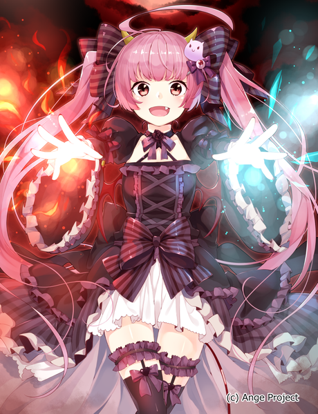 Anime picture 1021x1331 with ange vierge sophina sakuragi ren single long hair tall image looking at viewer blush fringe open mouth twintails pink hair ahoge pink eyes horn (horns) inscription teeth fang (fangs) magic demon girl