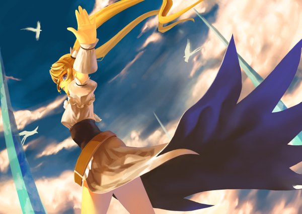 Anime picture 4961x3508 with jiemaowanwan (artist) single long hair highres blue eyes blonde hair twintails absurdres sky cloud (clouds) wind girl dress gloves animal bird (birds)