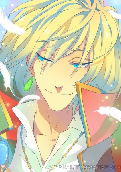 Anime picture 1024x1448 with howl's moving castle studio ghibli howl haemith single tall image short hair blue eyes blonde hair smile looking away portrait open collar boy earrings shirt white shirt pendant feather (feathers)