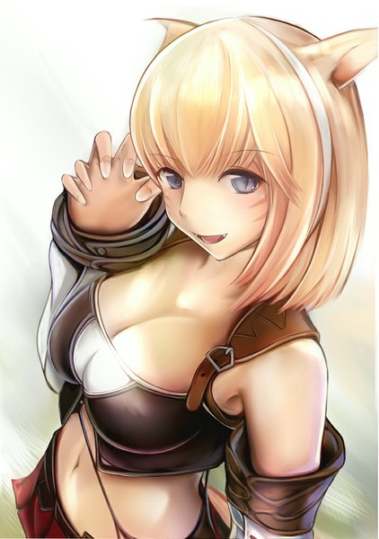 Anime picture 703x1000 with final fantasy final fantasy xiv square enix miqo'te nannacy7 single long hair tall image looking at viewer fringe breasts open mouth blue eyes light erotic blonde hair smile large breasts animal ears cleavage tail