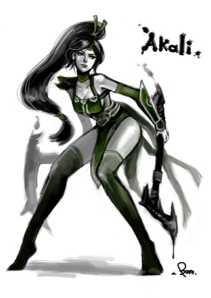 Anime picture 800x1132 with league of legends akali (league of legends) jodybom single long hair tall image breasts black hair simple background white background signed looking away ponytail lips black eyes leaning leaning forward character names girl thighhighs