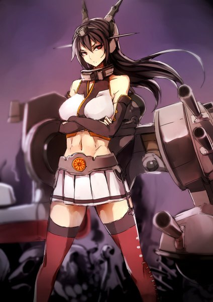Anime picture 990x1400 with kantai collection nagato battleship kyouya (mukuro238) single long hair tall image looking at viewer black hair red eyes bare belly crossed arms muscle girl thighhighs skirt navel weapon miniskirt headdress armor