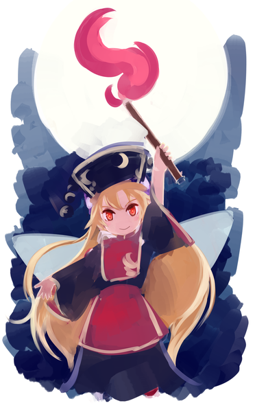 Anime picture 1240x2000 with touhou junko (touhou) sakana (packetsjp) single long hair tall image looking at viewer fringe smile red eyes standing long sleeves traditional clothes arm up wide sleeves outstretched arm chinese clothes cosplay clownpiece (cosplay) girl