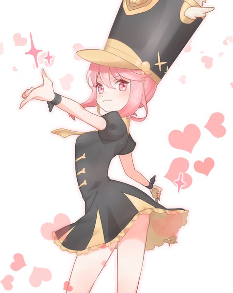 Anime picture 845x1063 with kill la kill studio trigger jakuzure nonon marin (myuy 3) single tall image blush short hair smile white background payot looking away pink hair pink eyes spread arms alternate color girl dress hat heart