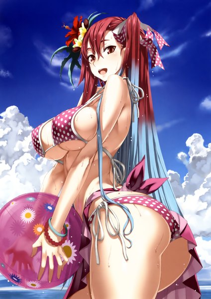 Anime picture 2100x2970 with valkyria chronicles riela marcellis honjou raita single long hair tall image highres breasts open mouth light erotic red eyes large breasts blue hair sky cloud (clouds) red hair multicolored hair hair flower scan two-tone hair
