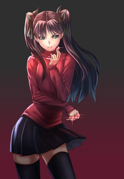 Anime picture 696x1000 with fate (series) fate/stay night type-moon toosaka rin taii gp01 single long hair tall image looking at viewer blue eyes black hair twintails zettai ryouiki girl thighhighs skirt bow black thighhighs hair bow miniskirt